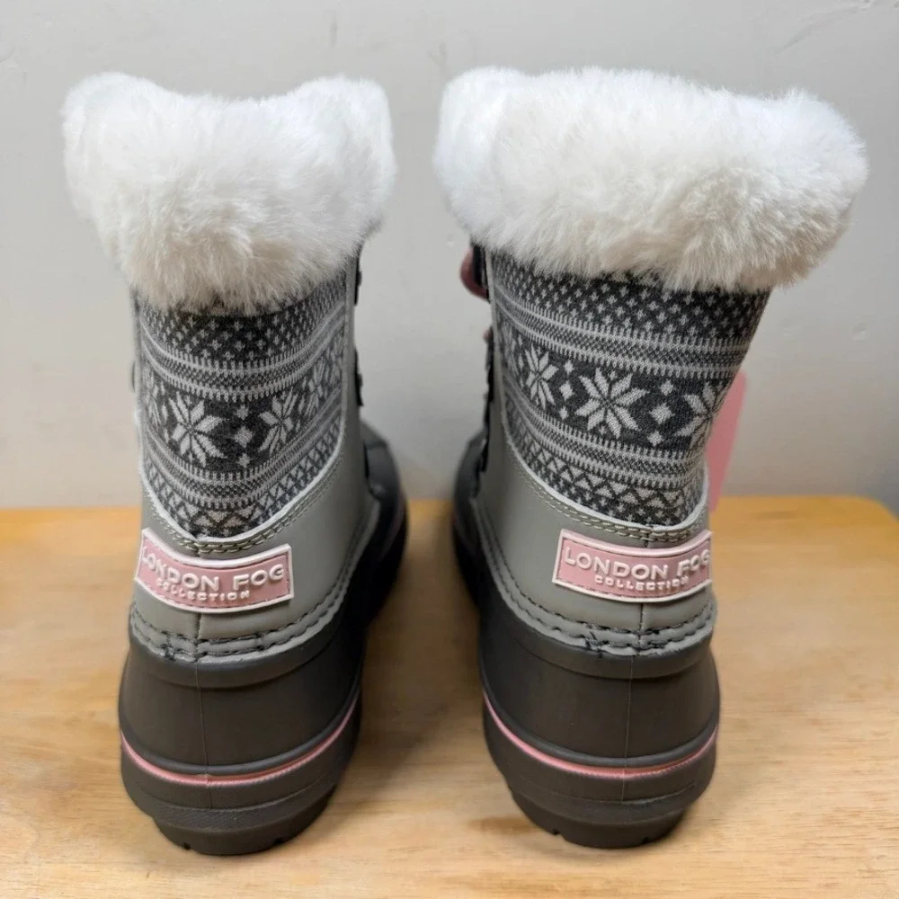 London Fog Tottenham Winter Boots Girls 3 Gray Pink Fair Isle Faux Fur Snow NEW